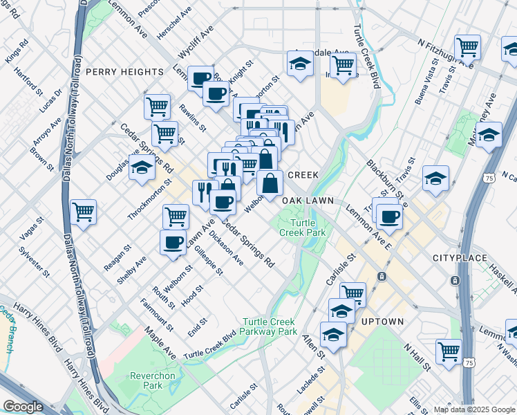 map of restaurants, bars, coffee shops, grocery stores, and more near 3333 Rawlins Street in Dallas