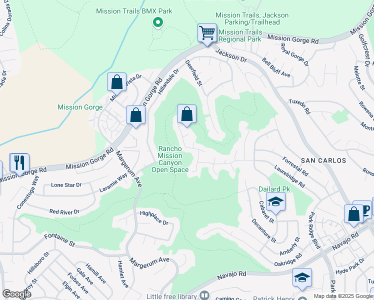 map of restaurants, bars, coffee shops, grocery stores, and more near 8370 High Winds Way in San Diego