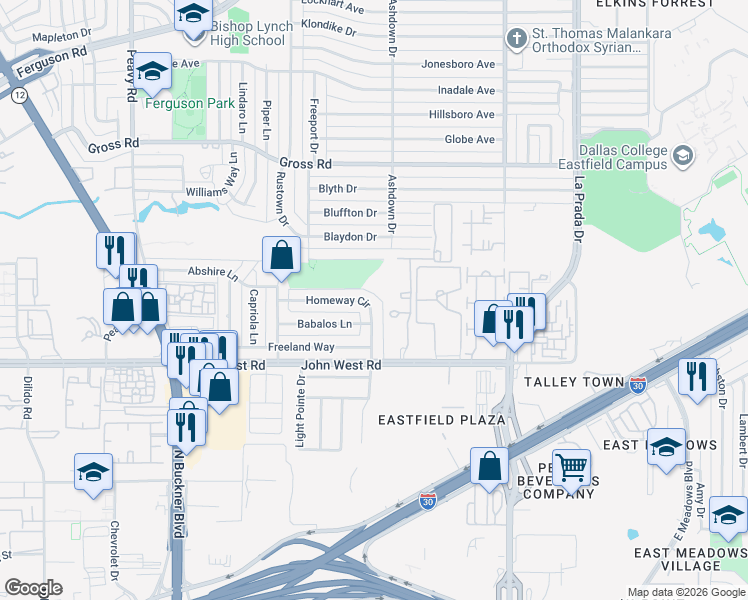 map of restaurants, bars, coffee shops, grocery stores, and more near 2271 Homeway Circle in Dallas
