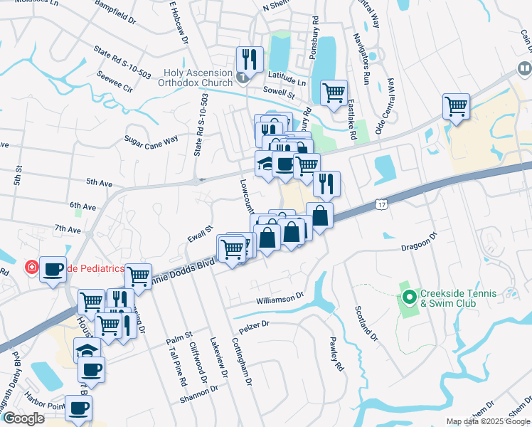 map of restaurants, bars, coffee shops, grocery stores, and more near 880 Lowcountry Boulevard in Mount Pleasant