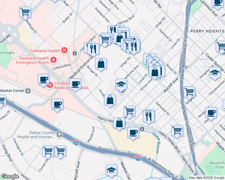 map of restaurants, bars, coffee shops, grocery stores, and more near 4610 Hawthorne Place in Dallas