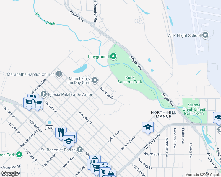 map of restaurants, bars, coffee shops, grocery stores, and more near 3128 Northwest 33rd Street in Fort Worth