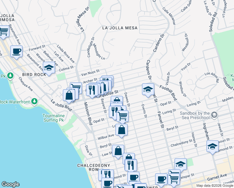 map of restaurants, bars, coffee shops, grocery stores, and more near 1025 Turquoise Street in San Diego