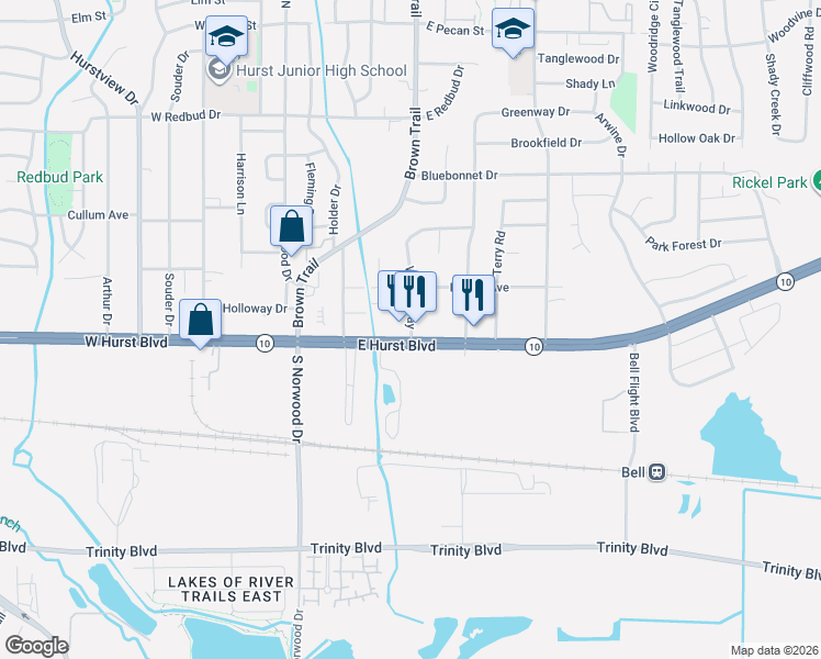 map of restaurants, bars, coffee shops, grocery stores, and more near 450 East Hurst Boulevard in Hurst
