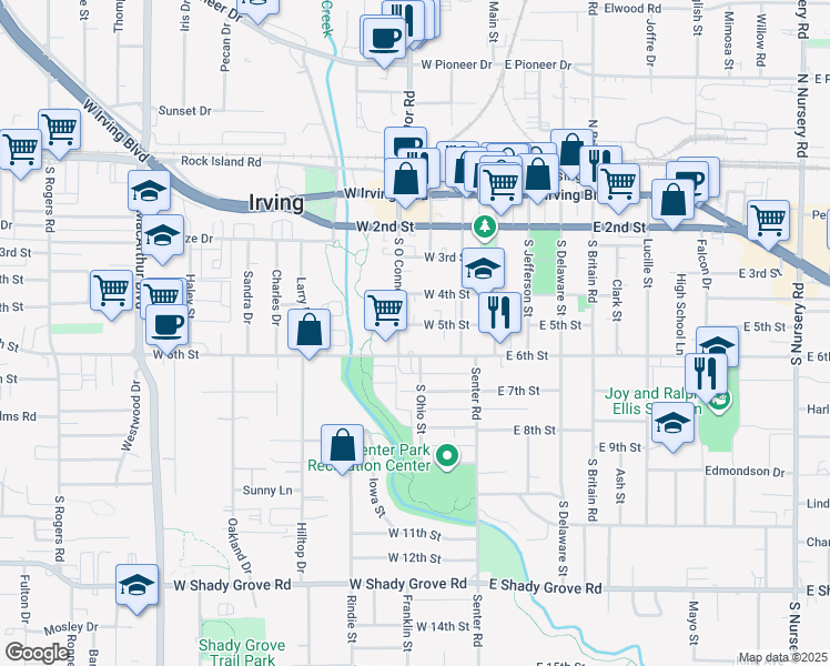map of restaurants, bars, coffee shops, grocery stores, and more near 512 South O Connor Road in Irving