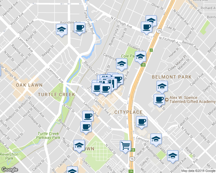 map of restaurants, bars, coffee shops, grocery stores, and more near 3173 Blackburn Street in Dallas