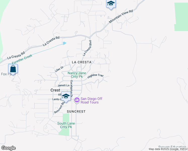 map of restaurants, bars, coffee shops, grocery stores, and more near 2 Highline Trail in El Cajon