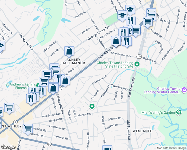 map of restaurants, bars, coffee shops, grocery stores, and more near 1358d Trailmore Drive in Charleston