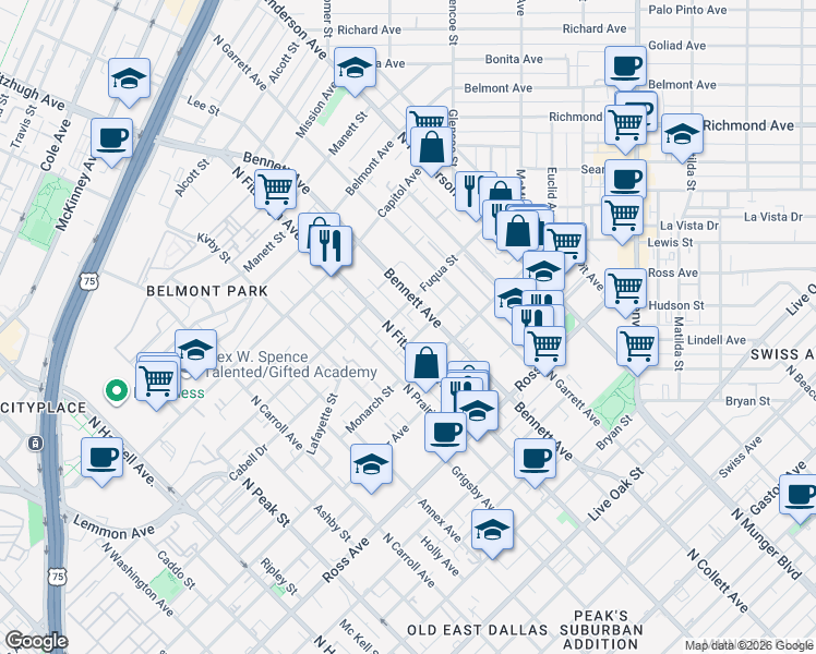 map of restaurants, bars, coffee shops, grocery stores, and more near 101 Chambers Street in Dallas