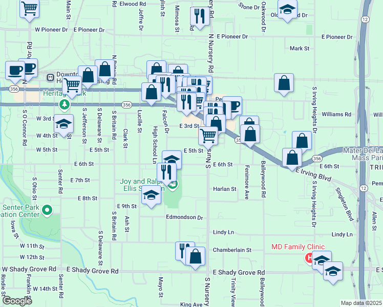 map of restaurants, bars, coffee shops, grocery stores, and more near 906 East 5th Street in Irving