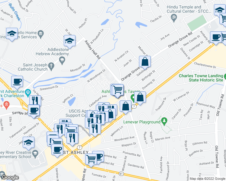 map of restaurants, bars, coffee shops, grocery stores, and more near 45 Cedarhurst Avenue in Charleston