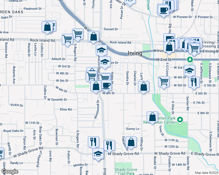 map of restaurants, bars, coffee shops, grocery stores, and more near 1003 West 6th Street in Irving