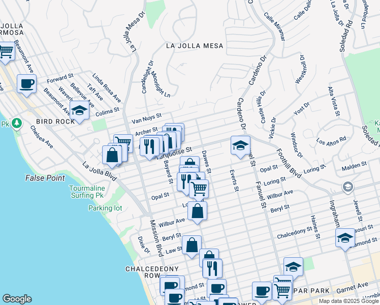 map of restaurants, bars, coffee shops, grocery stores, and more near 1025 Turquoise Street in San Diego
