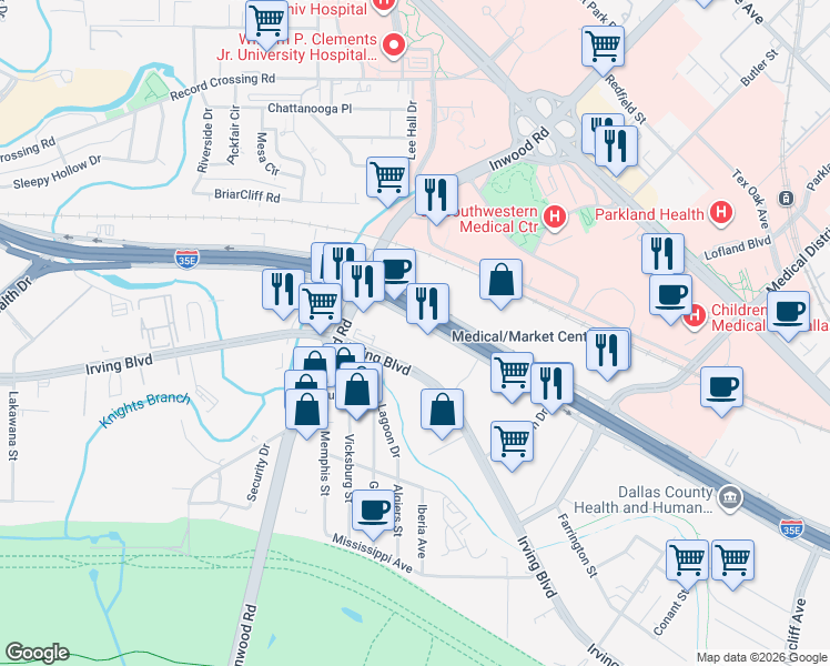 map of restaurants, bars, coffee shops, grocery stores, and more near 2747 N Stemmons Fwy in Dallas