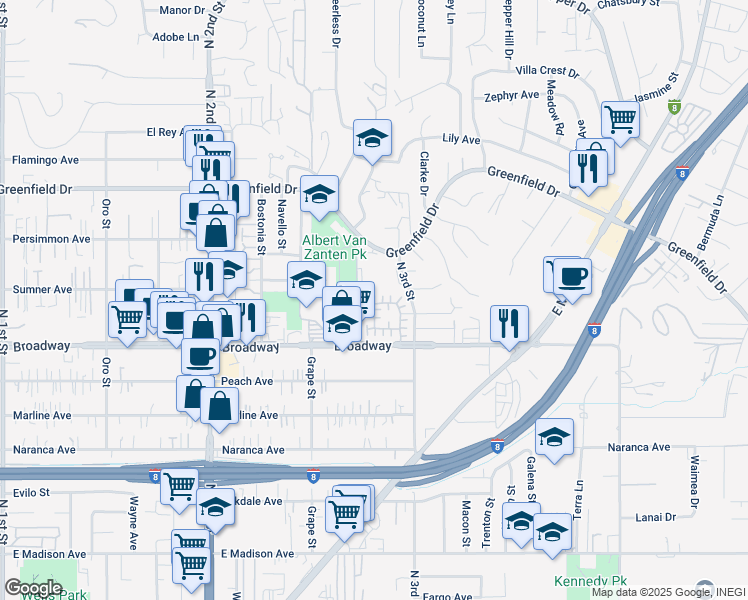 map of restaurants, bars, coffee shops, grocery stores, and more near 1000 Teatro Circle in El Cajon