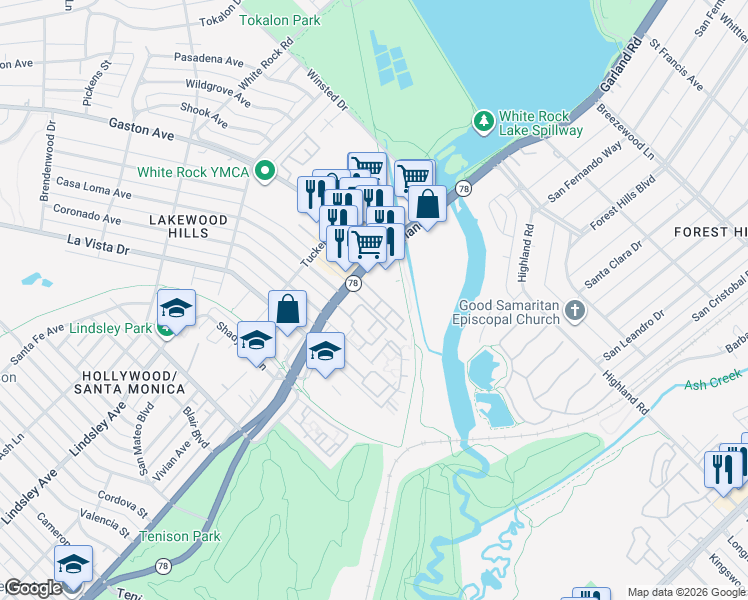 map of restaurants, bars, coffee shops, grocery stores, and more near 7510 East Grand Avenue in Dallas