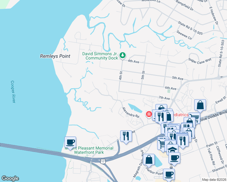 map of restaurants, bars, coffee shops, grocery stores, and more near 805 Prince Ferry Lane in Mount Pleasant