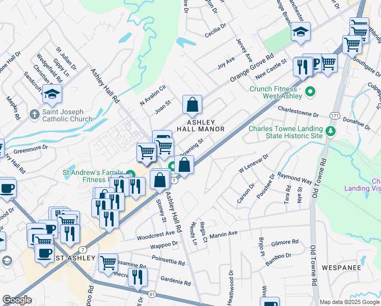 map of restaurants, bars, coffee shops, grocery stores, and more near 1533 Downing Street in Charleston