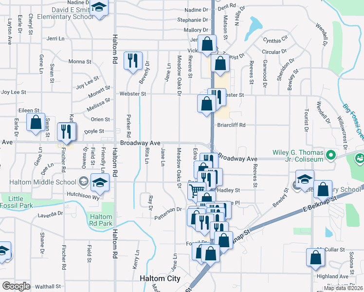 map of restaurants, bars, coffee shops, grocery stores, and more near 3236 Meadow Oaks Drive in Haltom City
