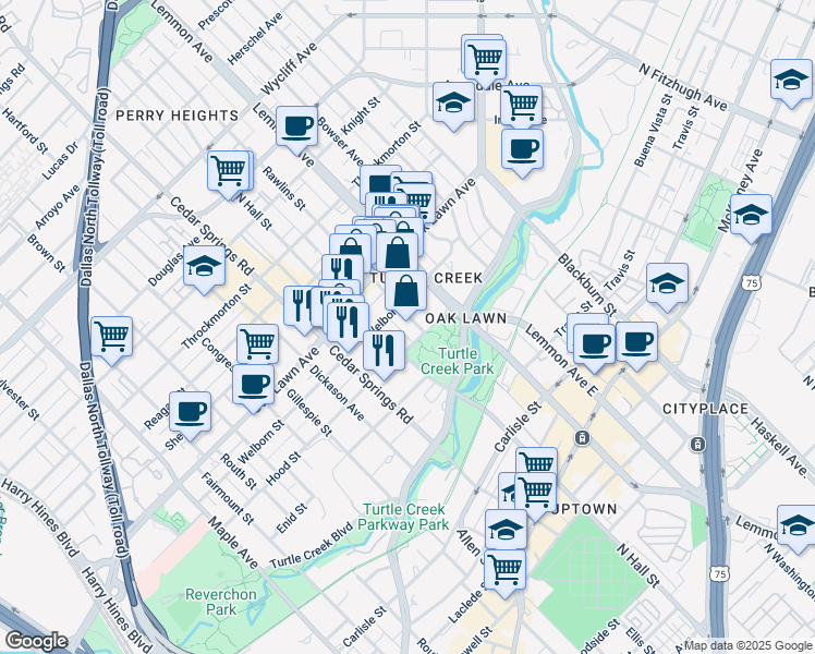map of restaurants, bars, coffee shops, grocery stores, and more near 3333 Lee Parkway in Dallas
