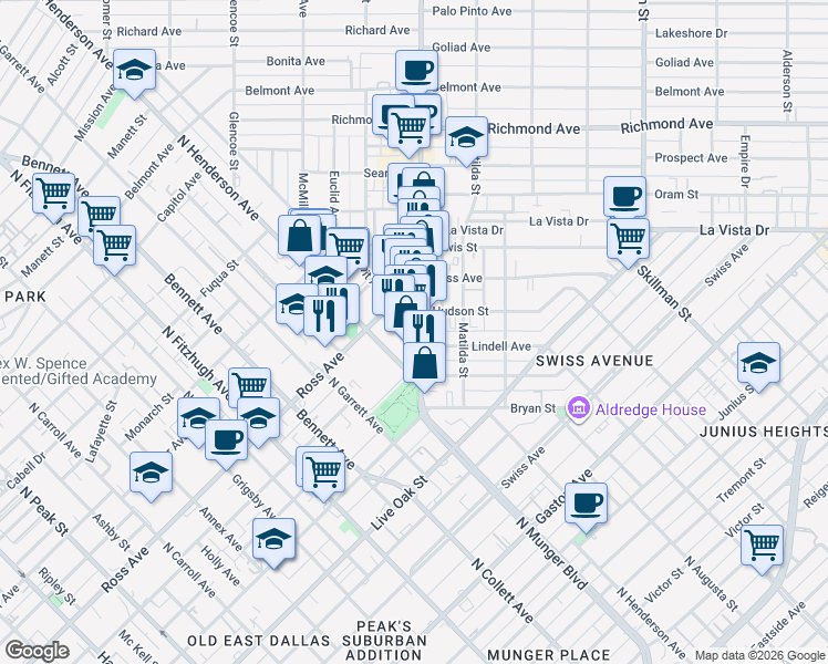 map of restaurants, bars, coffee shops, grocery stores, and more near 400 Greenville Avenue in Dallas