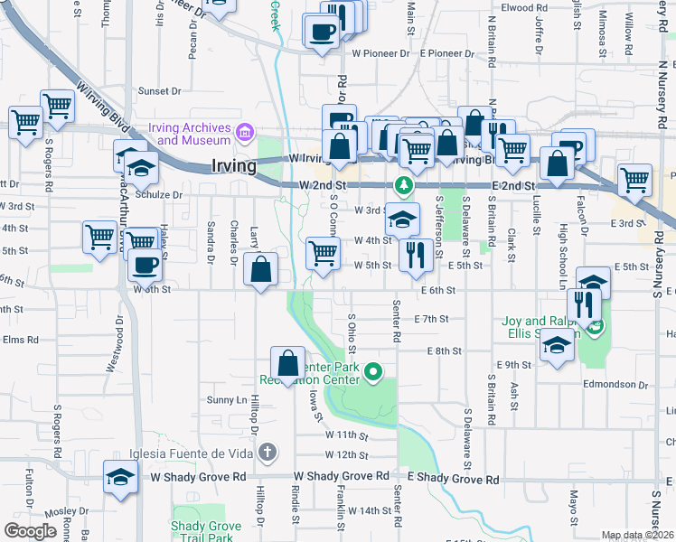 map of restaurants, bars, coffee shops, grocery stores, and more near 512 South O Connor Road in Irving