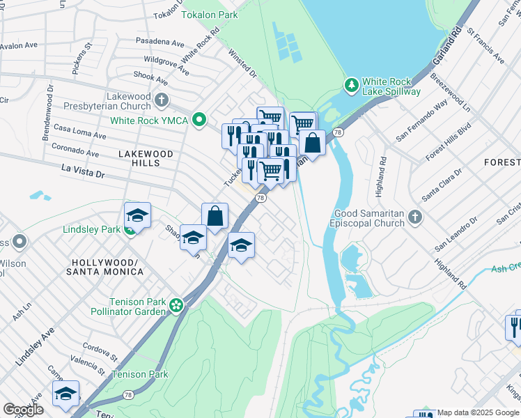 map of restaurants, bars, coffee shops, grocery stores, and more near 7446 East Grand Avenue in Dallas