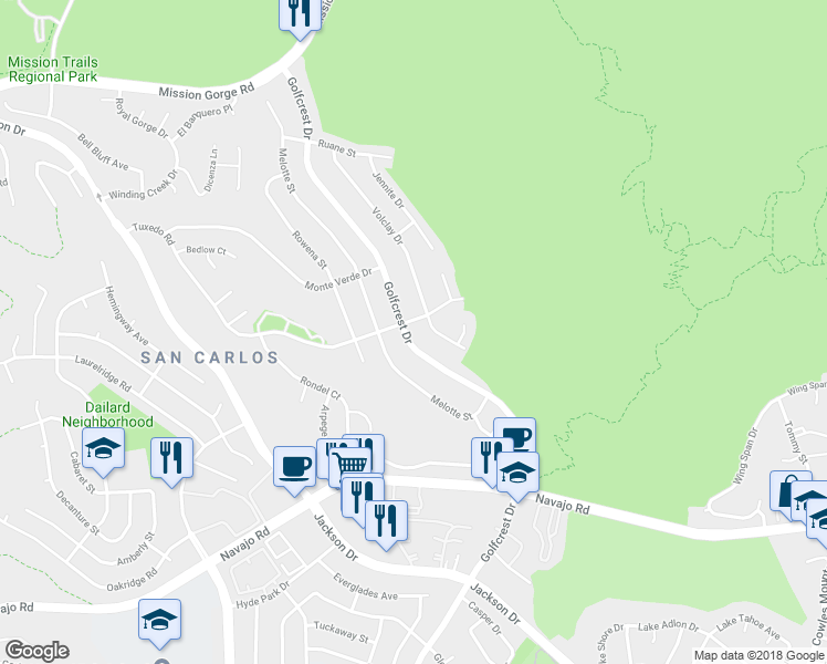 map of restaurants, bars, coffee shops, grocery stores, and more near 7375 Golfcrest Drive in San Diego
