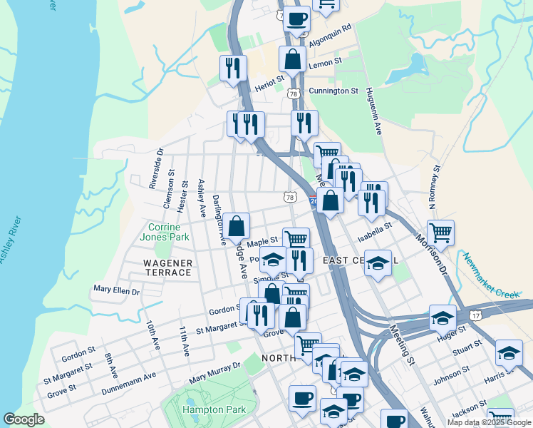map of restaurants, bars, coffee shops, grocery stores, and more near 29 Peachtree Street in Charleston