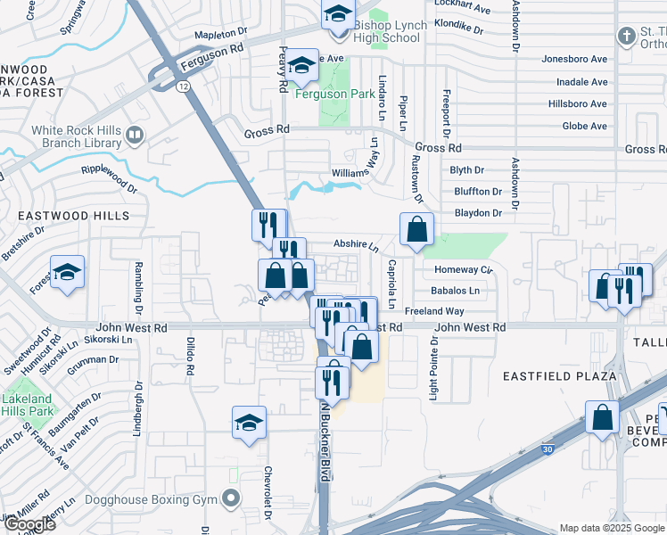 map of restaurants, bars, coffee shops, grocery stores, and more near 2970 Peavy Road in Dallas