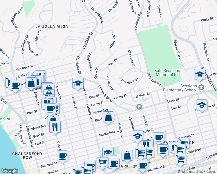map of restaurants, bars, coffee shops, grocery stores, and more near 5052 Windsor Drive in San Diego