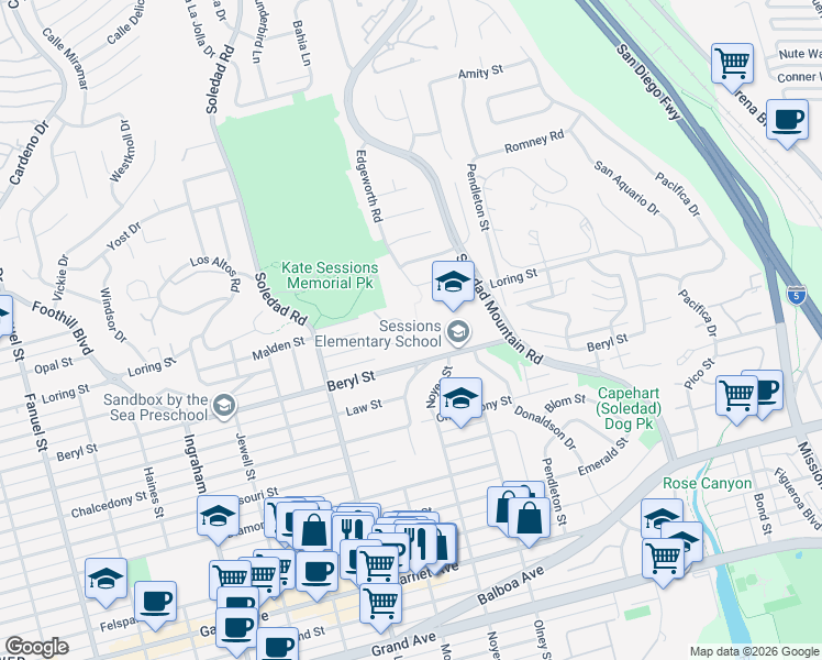 map of restaurants, bars, coffee shops, grocery stores, and more near 4961 Academy Street in San Diego