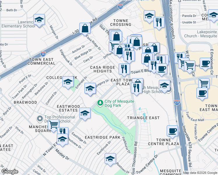 map of restaurants, bars, coffee shops, grocery stores, and more near 2513 North Town East Boulevard in Mesquite