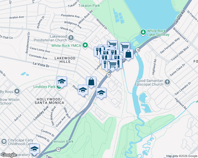map of restaurants, bars, coffee shops, grocery stores, and more near 7331 Coronado Avenue in Dallas