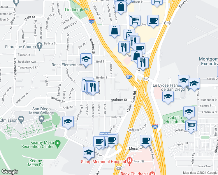 map of restaurants, bars, coffee shops, grocery stores, and more near 3614 Budd Street in San Diego