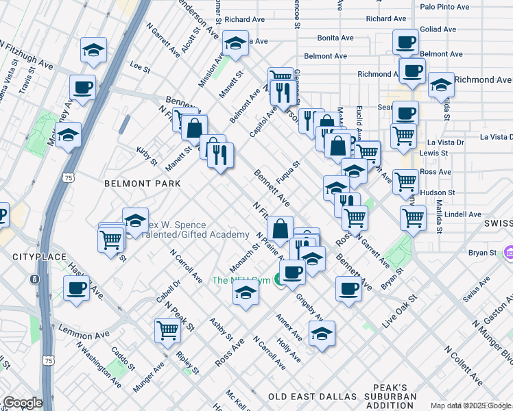 map of restaurants, bars, coffee shops, grocery stores, and more near 2063 North Fitzhugh Avenue in Dallas