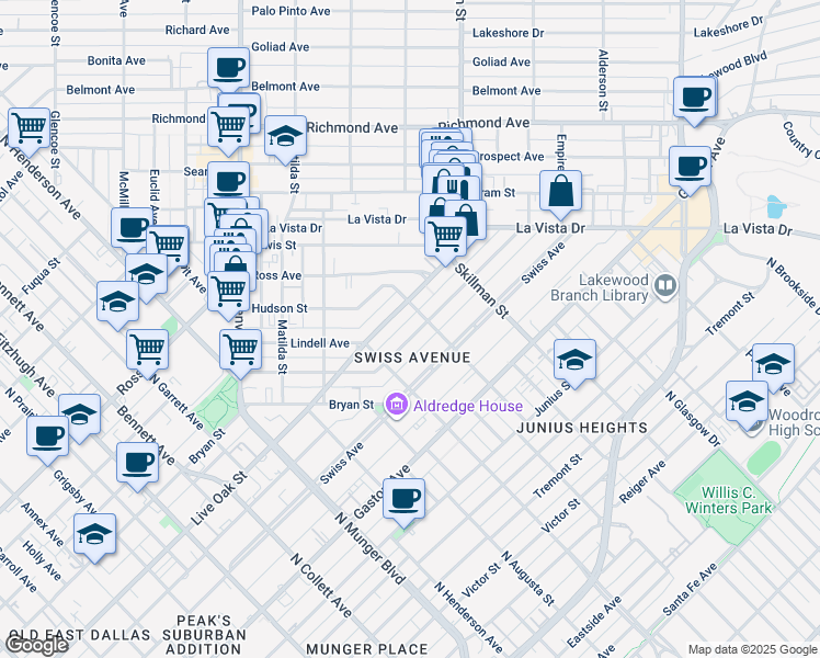 map of restaurants, bars, coffee shops, grocery stores, and more near 6035 Bryan Parkway in Dallas