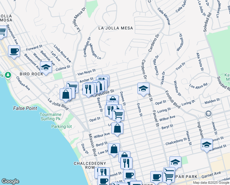 map of restaurants, bars, coffee shops, grocery stores, and more near 1045 Turquoise Street in San Diego