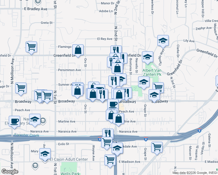 map of restaurants, bars, coffee shops, grocery stores, and more near 1275 Sumner Avenue in El Cajon