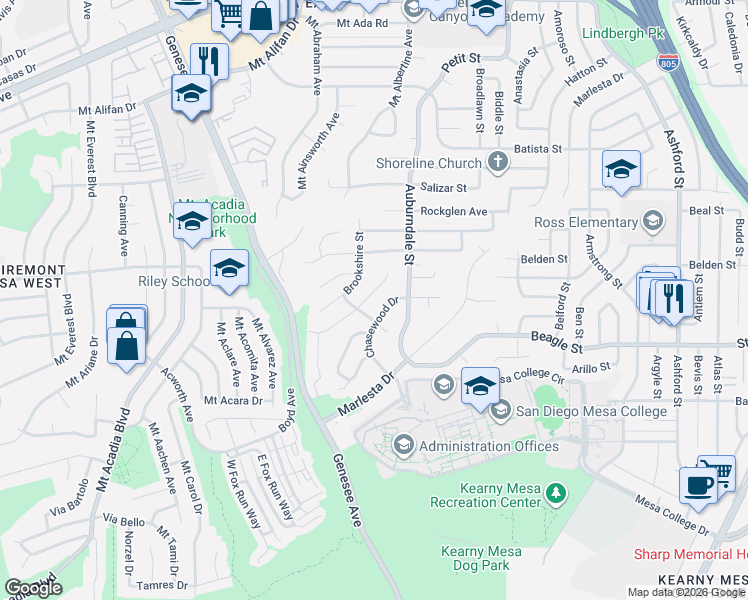 map of restaurants, bars, coffee shops, grocery stores, and more near 3582 Chasewood Drive in San Diego