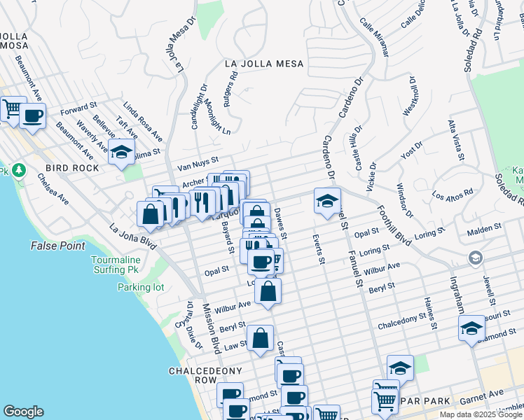 map of restaurants, bars, coffee shops, grocery stores, and more near 1025 Turquoise Street in San Diego