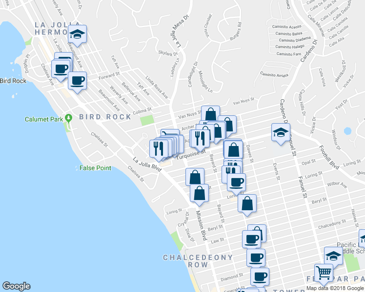 map of restaurants, bars, coffee shops, grocery stores, and more near 5245 La Jolla Mesa Drive in San Diego