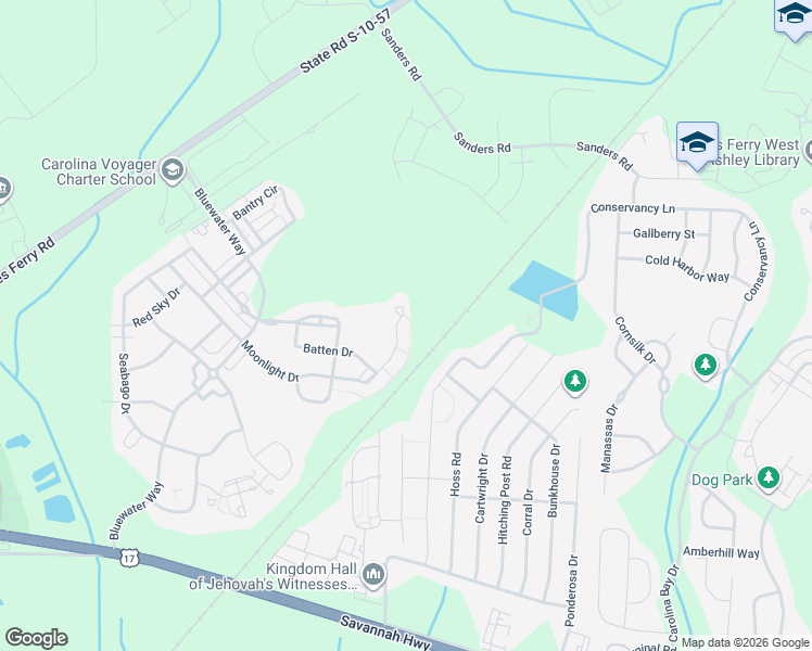 map of restaurants, bars, coffee shops, grocery stores, and more near 3227 Moonlight Drive in Charleston