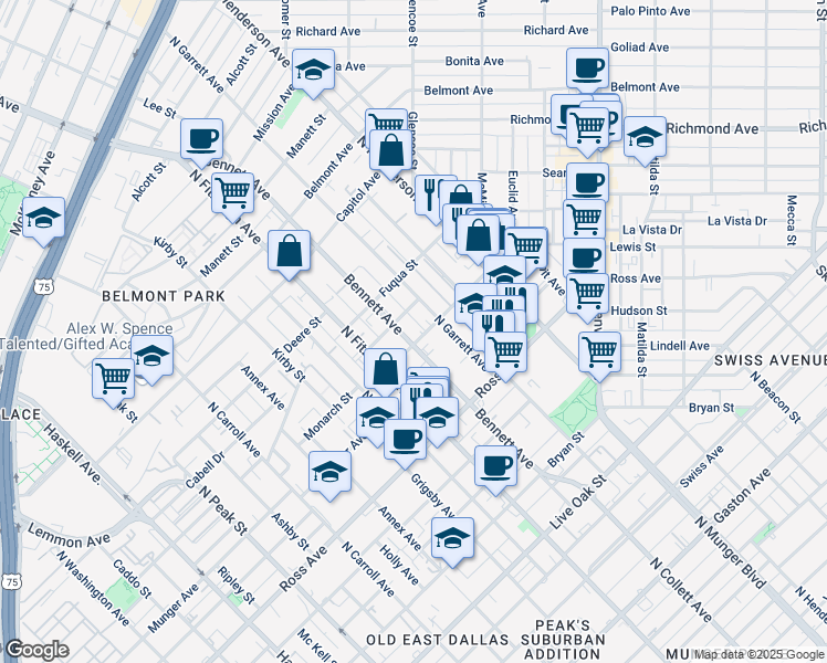 map of restaurants, bars, coffee shops, grocery stores, and more near 5019 Monarch Street in Dallas
