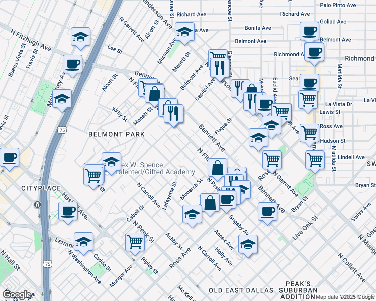 map of restaurants, bars, coffee shops, grocery stores, and more near 4808 Deere Street in Dallas