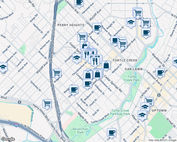 map of restaurants, bars, coffee shops, grocery stores, and more near 2910 Reagan Street in Dallas