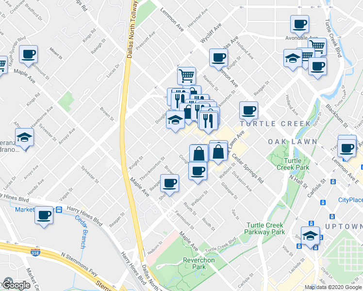 map of restaurants, bars, coffee shops, grocery stores, and more near 2816 Throckmorton Street in Dallas
