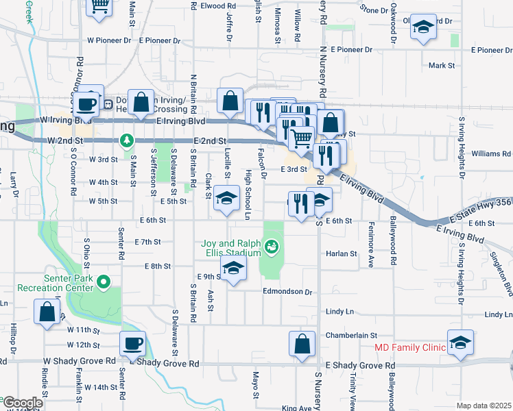 map of restaurants, bars, coffee shops, grocery stores, and more near 504 High School Lane in Irving
