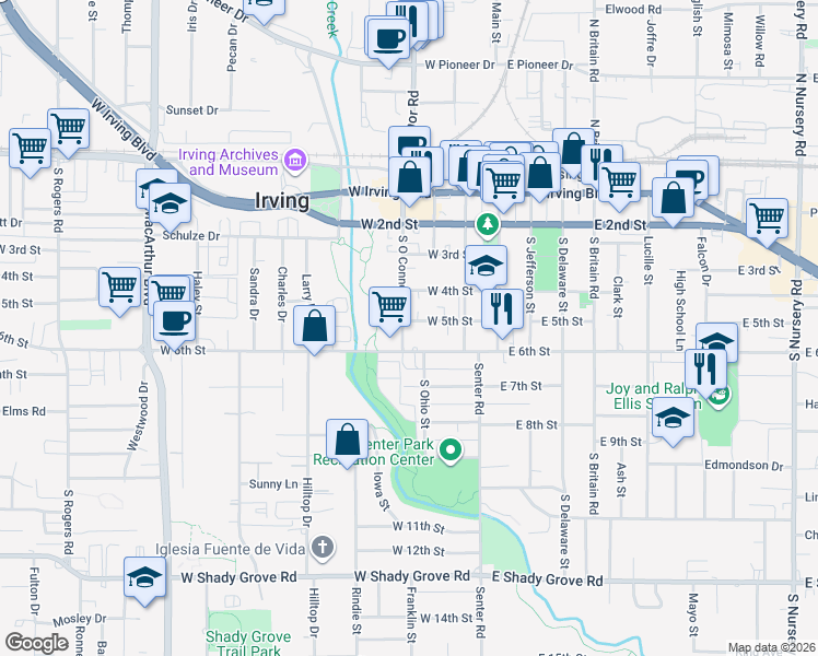 map of restaurants, bars, coffee shops, grocery stores, and more near 512 South O Connor Road in Irving