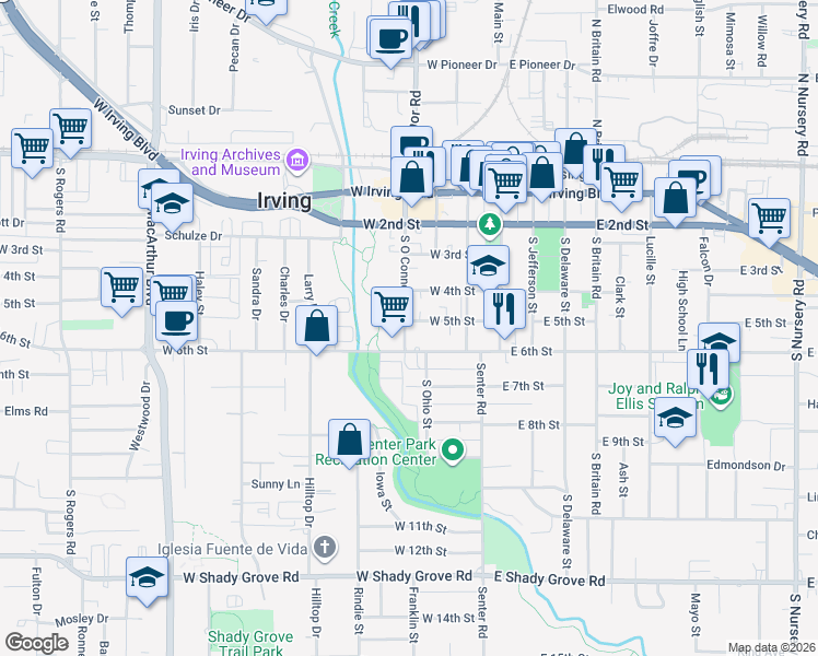 map of restaurants, bars, coffee shops, grocery stores, and more near 512 South O Connor Road in Irving